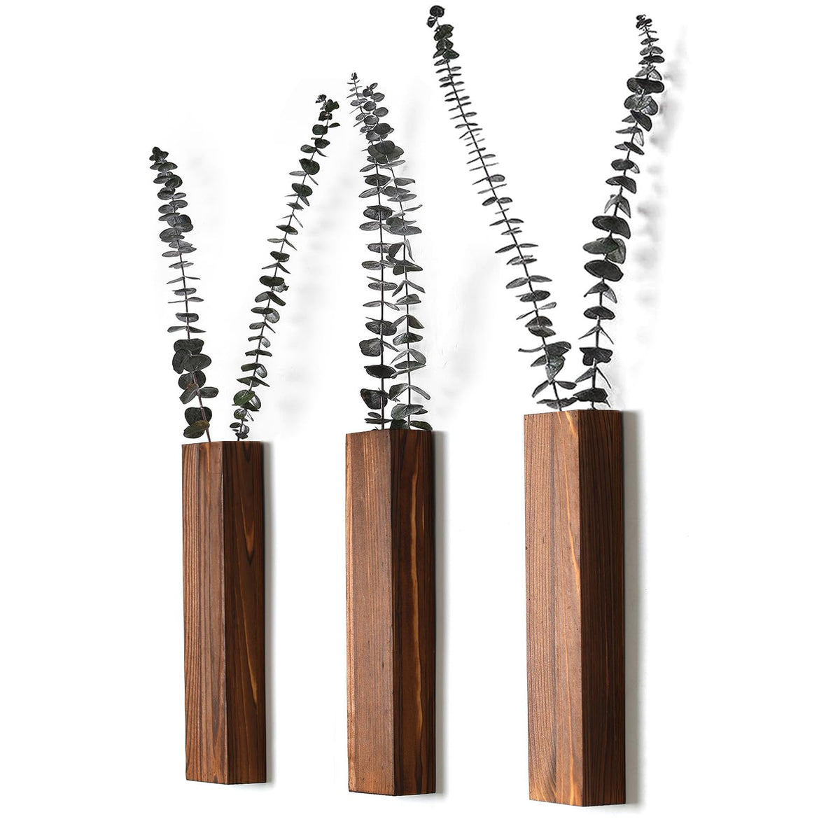 Wooden Wall Planter Set of 4 - Modern Home Decor for Living Room, Bedroom, Bathroom - Walnut Finish Planter for Dried Flowers, Faux Greenery, Indoor Plants