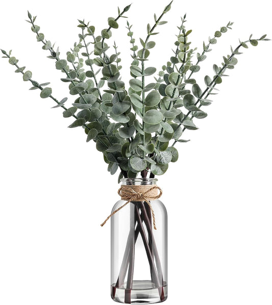 Artificial Eucalyptus Stems in Glass Vase with Hemp Rope and Faux Water