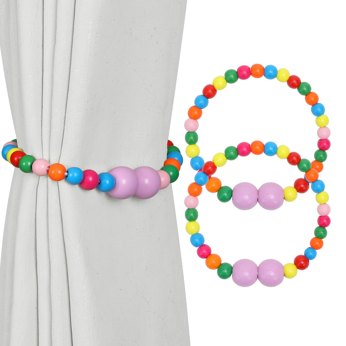 KLOGTSIND Magnetic Curtain Tiebacks, 2 Pack Wood Bead Curtain Holdbacks