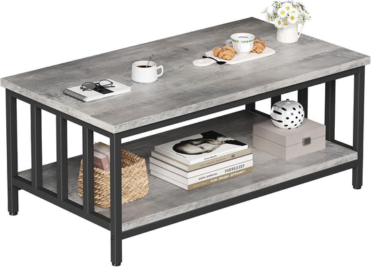 Homeiju Coffee Table for Living Room with Slatted Sides Frame, Modern Farmhouse Living Room Table with 2-Tier Storage Shelf for Home Office, Apartment, Grey Wash, 39 inch