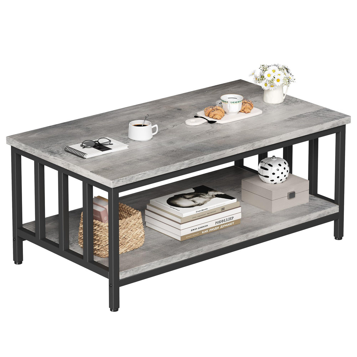 Homeiju Coffee Table for Living Room with Slatted Sides Frame, Modern Farmhouse Living Room Table with 2-Tier Storage Shelf for Home Office, Apartment, Grey Wash, 39 inch