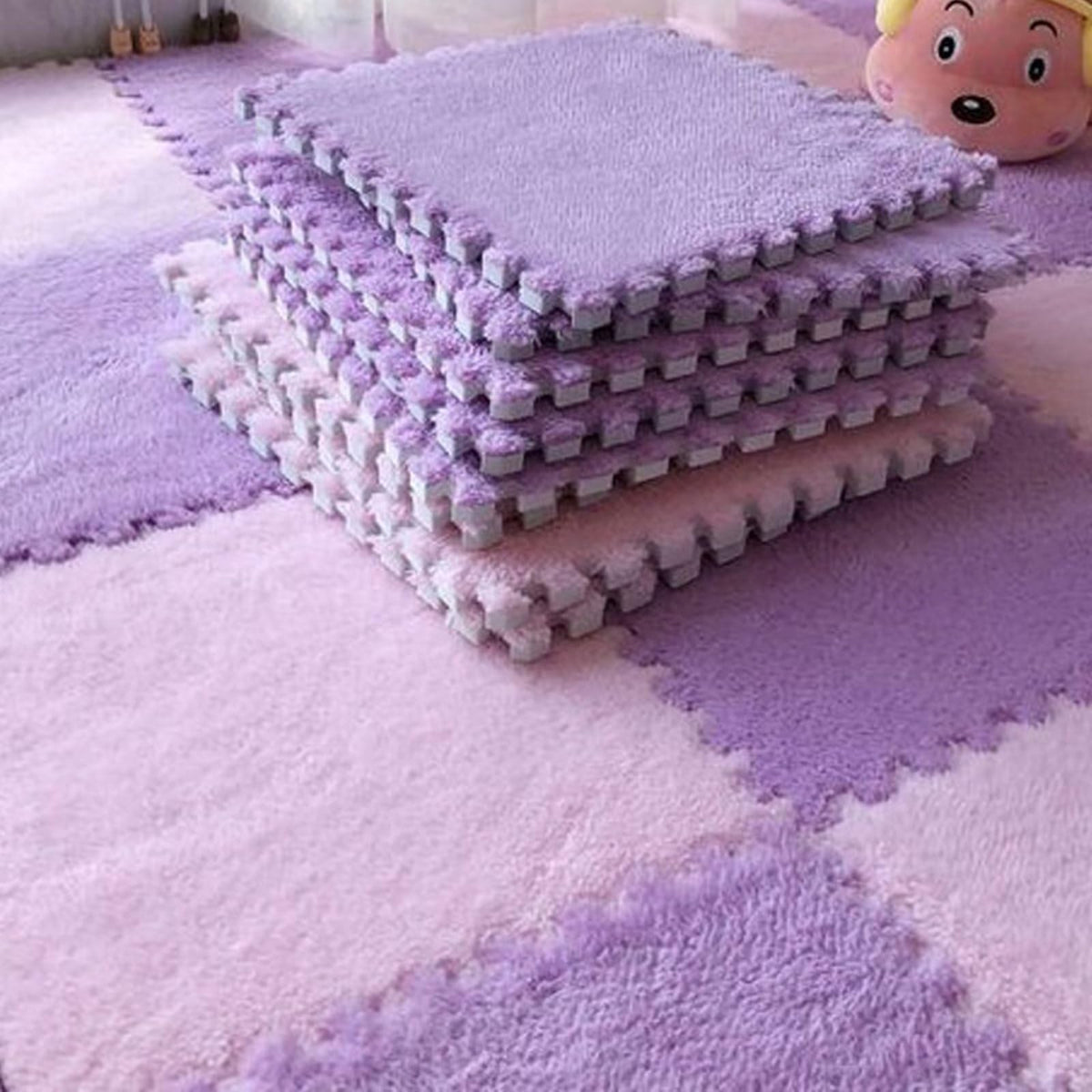 12pcs Plush Puzzle Foam Floor Mat, Soft Thicken Fluffy Interlocking Square Foam Tiles Area Rugs Carpet for Parlor Bedroom Decoration(11.8x11.8x0.55in,Rose Red&Pink)