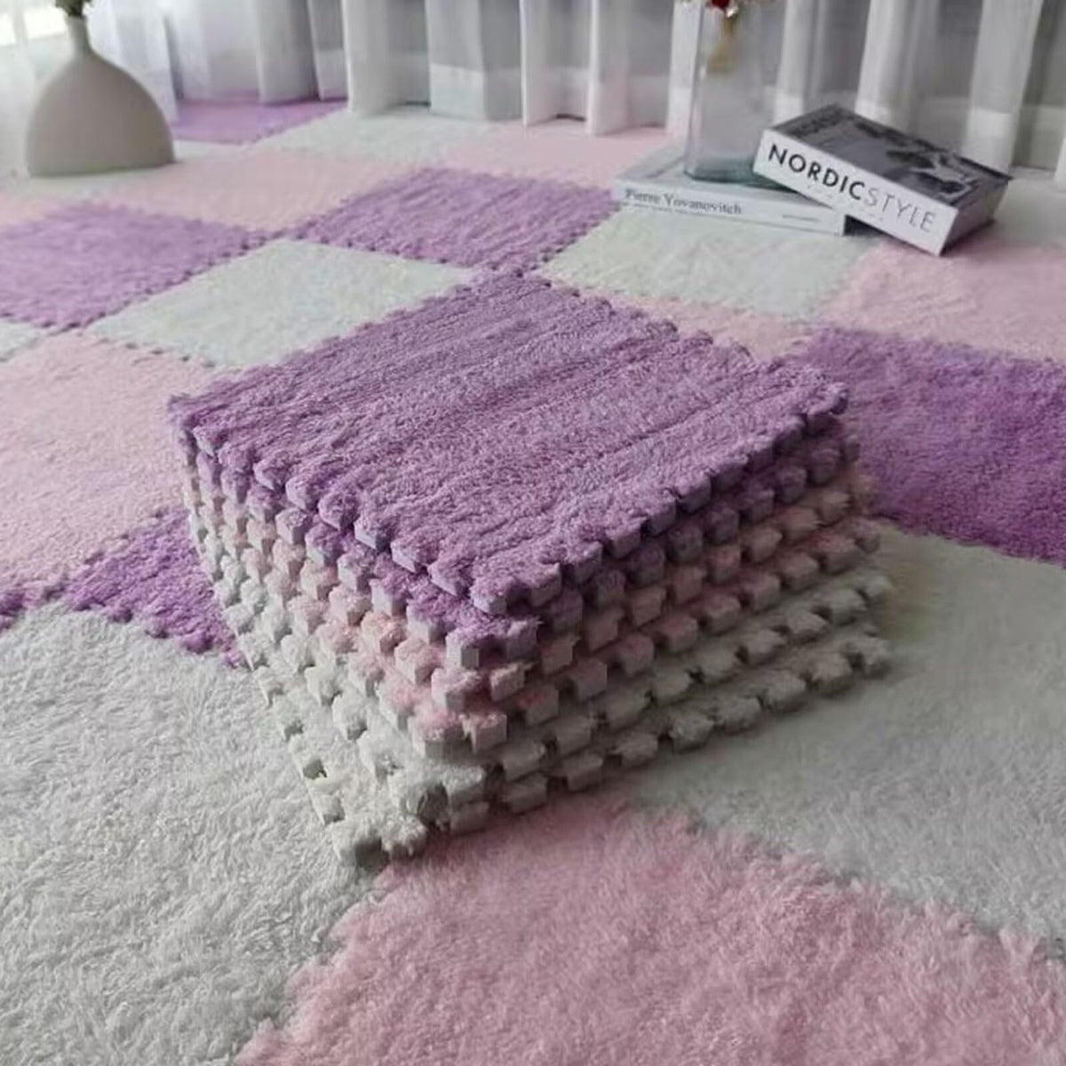 12pcs Plush Puzzle Foam Floor Mat, Soft Thicken Fluffy Interlocking Square Foam Tiles Area Rugs Carpet for Parlor Bedroom Decoration(11.8x11.8x0.55in,Rose Red&Pink)