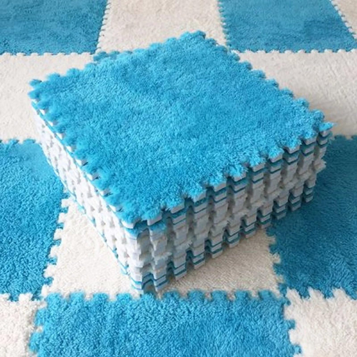 12pcs Plush Puzzle Foam Floor Mat, Soft Thicken Fluffy Interlocking Square Foam Tiles Area Rugs Carpet for Parlor Bedroom Decoration(11.8x11.8x0.55in,Rose Red&Pink)