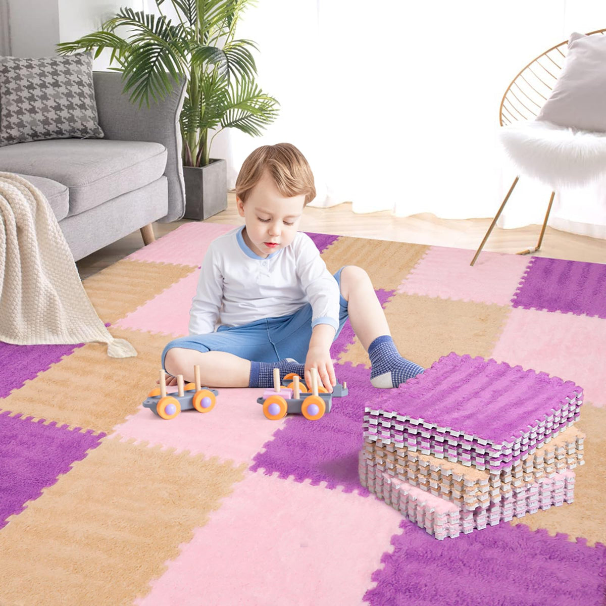 ZENOWICK 12 Pcs Plush Interlocking Carpet Tiles, Puzzle Play Mats for Floor