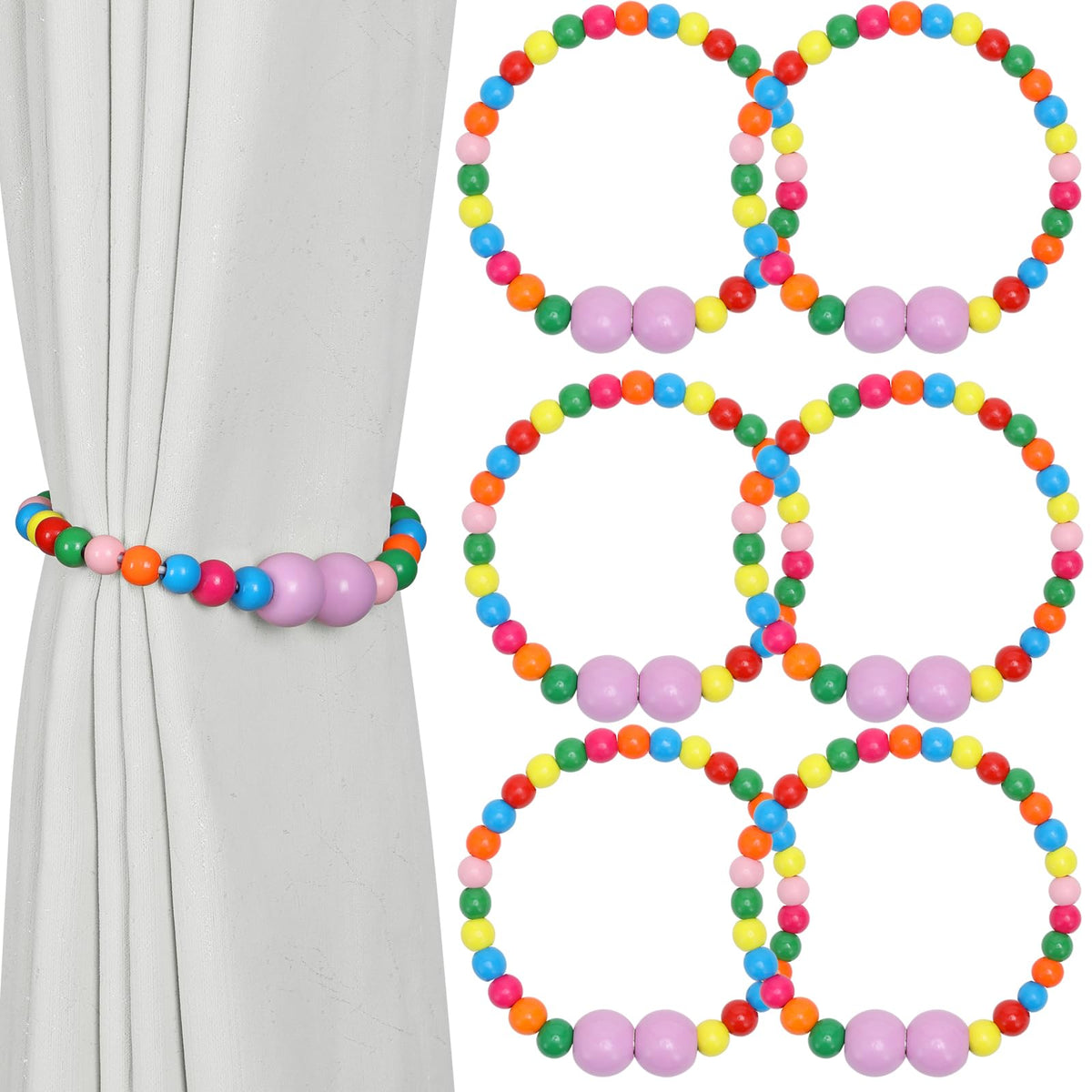 KLOGTSIND Magnetic Curtain Tiebacks, 2 Pack Wood Bead Curtain Holdbacks