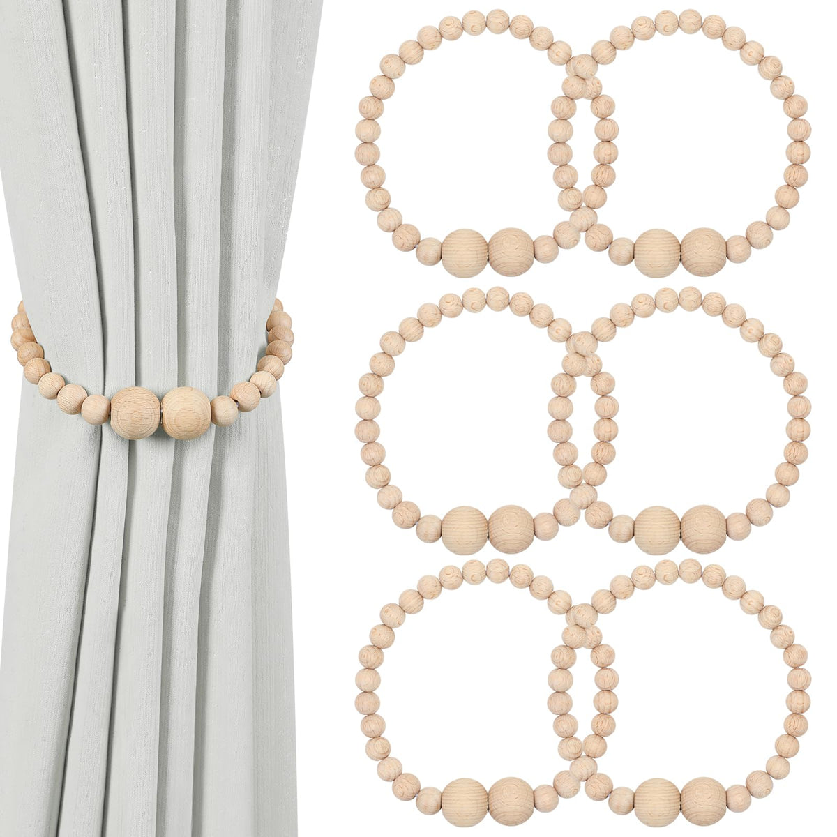 KLOGTSIND Magnetic Curtain Tiebacks, 2 Pack Wood Bead Curtain Holdbacks