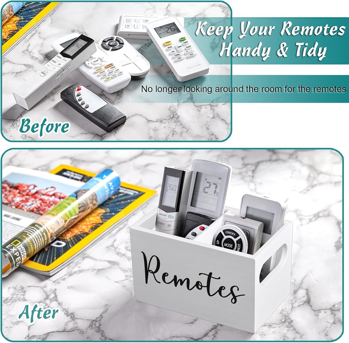DRASTAR Remote Control Holder, Wood TV Remote Holder, Remote Storage Caddy, Remote Control Organizer (White, 2 Slots)