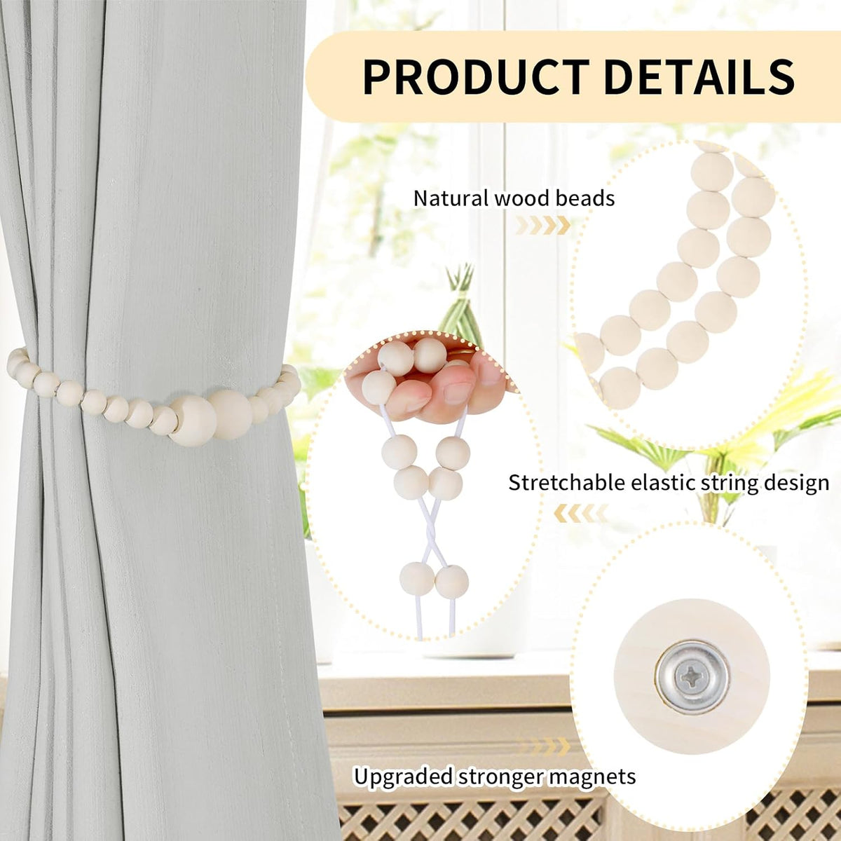 KLOGTSIND Magnetic Curtain Tiebacks, 2 Pack Wood Bead Curtain Holdbacks