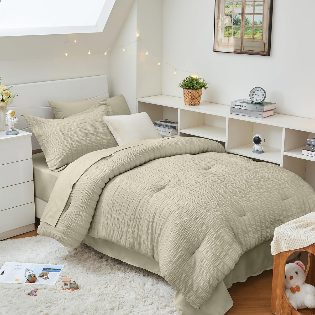 HYMOKEGE Queen Comforter Set Seersucker 7 Pieces, All Season Luxury Bed in a Bag for Bedroom, Bedding Set with Comforters, Sheets, Pillowcases & Shams, Dark Grey
