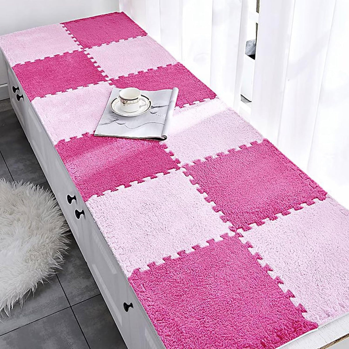 12pcs Plush Puzzle Foam Floor Mat, Soft Thicken Fluffy Interlocking Square Foam Tiles Area Rugs Carpet for Parlor Bedroom Decoration(11.8x11.8x0.55in,Rose Red&Pink)
