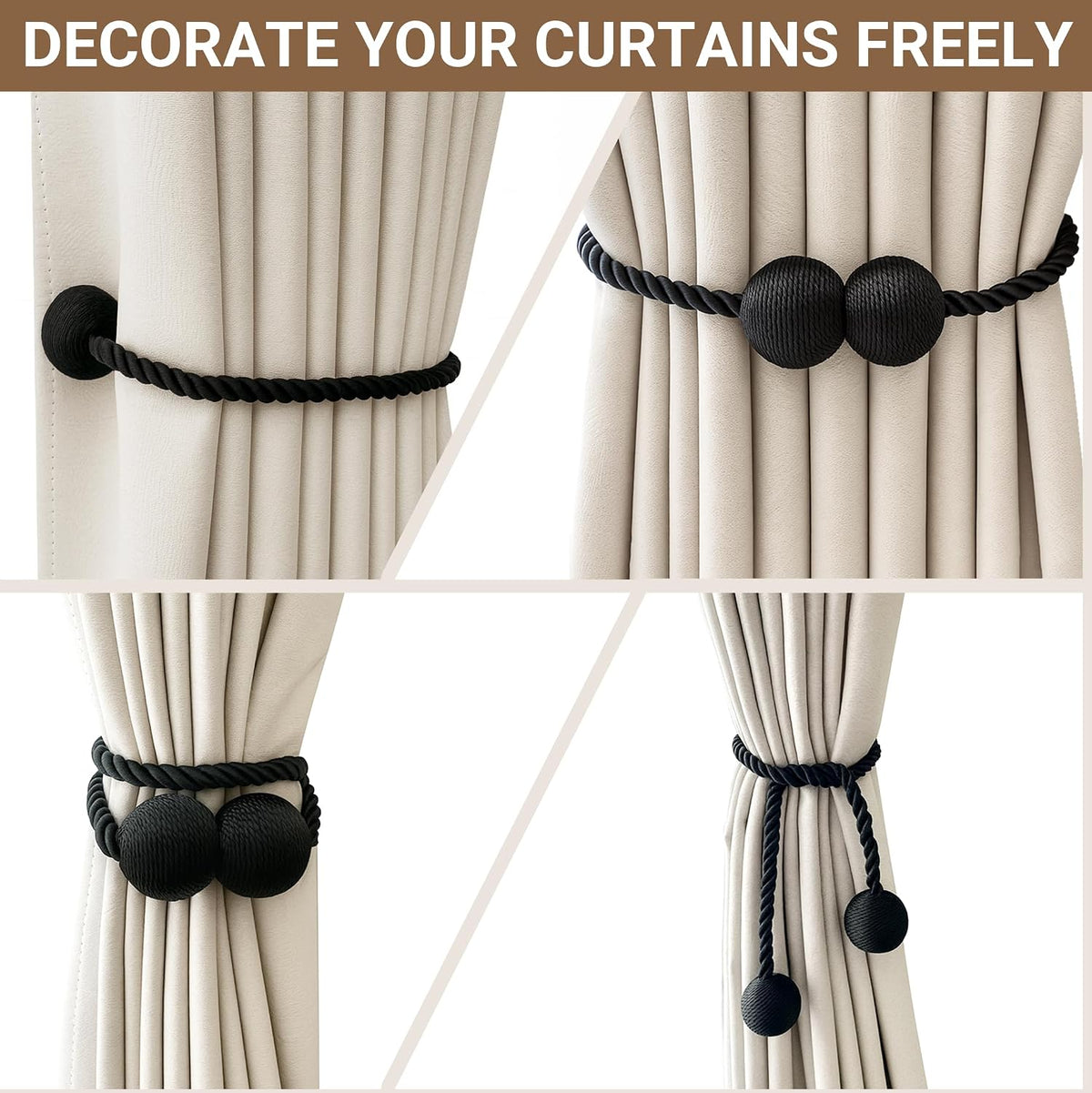 Hion Magnetic Curtain Tiebacks Black 2pcs, Curtain Holdbacks Hooks Holders