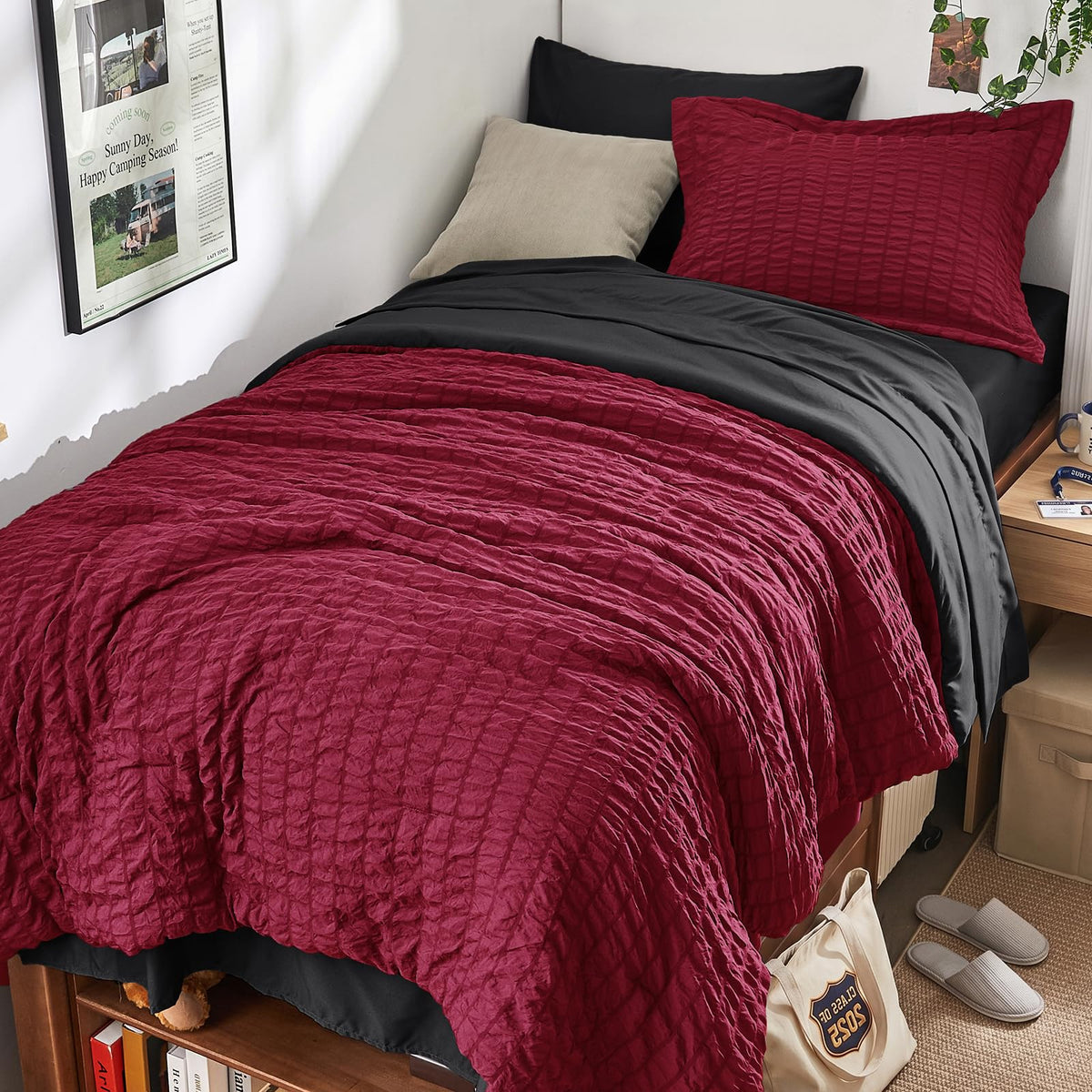 HYMOKEGE Queen Comforter Set Seersucker 7 Pieces, All Season Luxury Bed in a Bag for Bedroom, Bedding Set with Comforters, Sheets, Pillowcases & Shams, Dark Grey