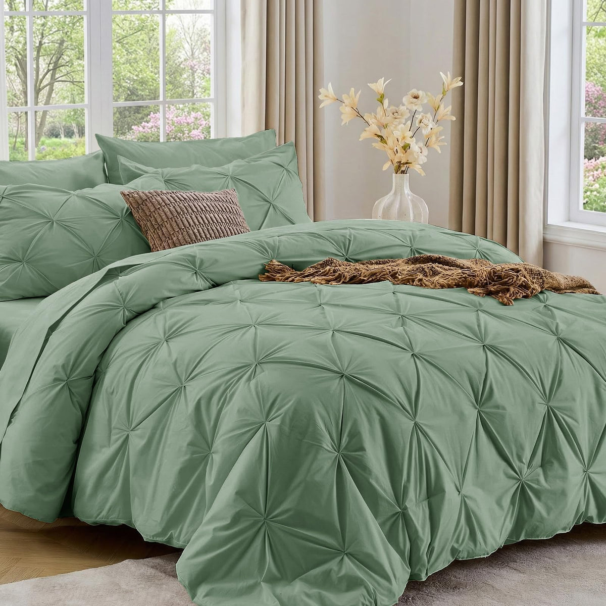 Sasttie Queen Comforter Set, 7-Piece Bed in a Bag, Pintuck Bedding Sets for All Season, Includes Comforter, Flat Sheet, Fitted Sheet, Pillowcases and Pillowshams, Beige