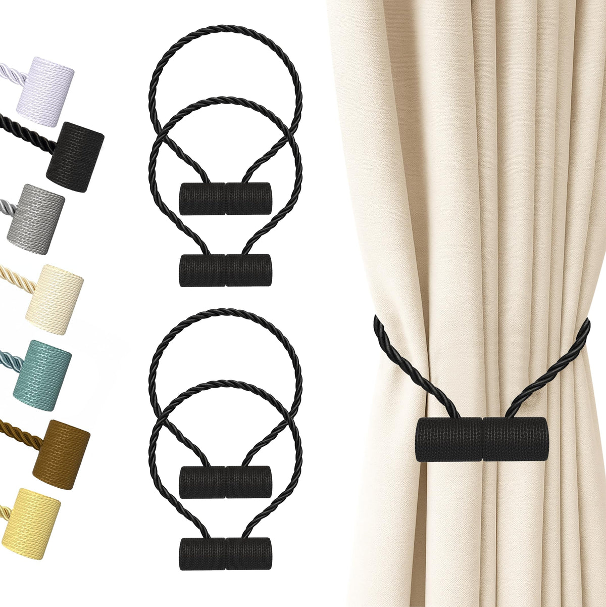 Hion Magnetic Curtain Tiebacks Black 2pcs, Curtain Holdbacks Hooks Holders