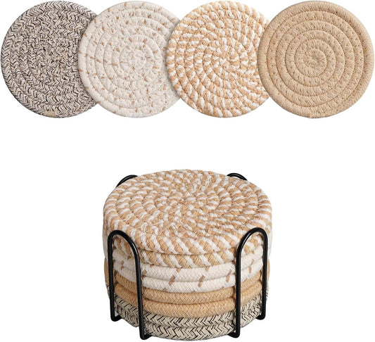 Coasters Set of 8 for Drinks with Holder,4 Colors Absorbent Coasters,Boho Cotton Woven Coaster Set for Living Room Decor,Tabletop Protection Suitable for Drinks,Beer, Coffee