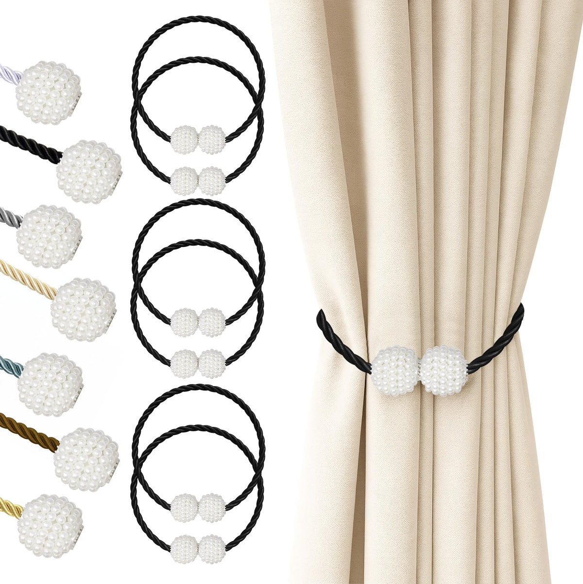 Hion Magnetic Curtain Tiebacks Black 2pcs, Curtain Holdbacks Hooks Holders