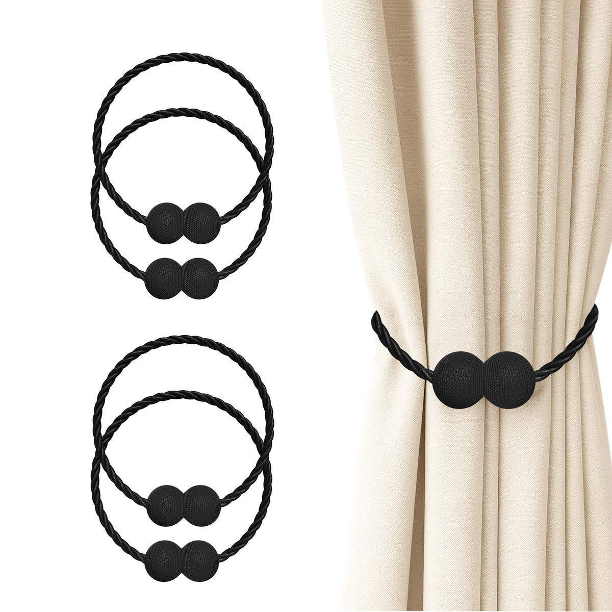 Hion Magnetic Curtain Tiebacks Black 2pcs, Curtain Holdbacks Hooks Holders