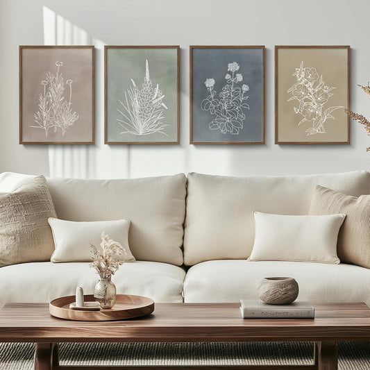 Framed Boho Neutral Botanical Wall Art for Living Room, 4 Piece 12x16 In