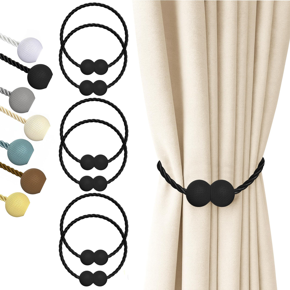 Hion Magnetic Curtain Tiebacks Black 2pcs, Curtain Holdbacks Hooks Holders