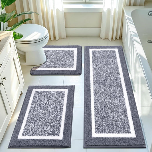 Pauwer Bathroom Rug Sets 3 Piece, Non Slip Washable Bath Mat, Dark Grey