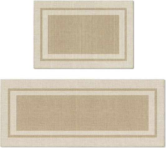 Artoid Mode Beige Absorbent Rectangle Non-Skid Kitchen Mats Set of 2, Home Mats Washable Natural Rubber Back Kitchen Rugs for Floor - 24x35 and 24x59 Inch