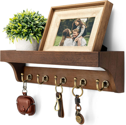 Rebee Vision Key Holder Wall Mount with 5 Hooks for Entryway, Retro Brown