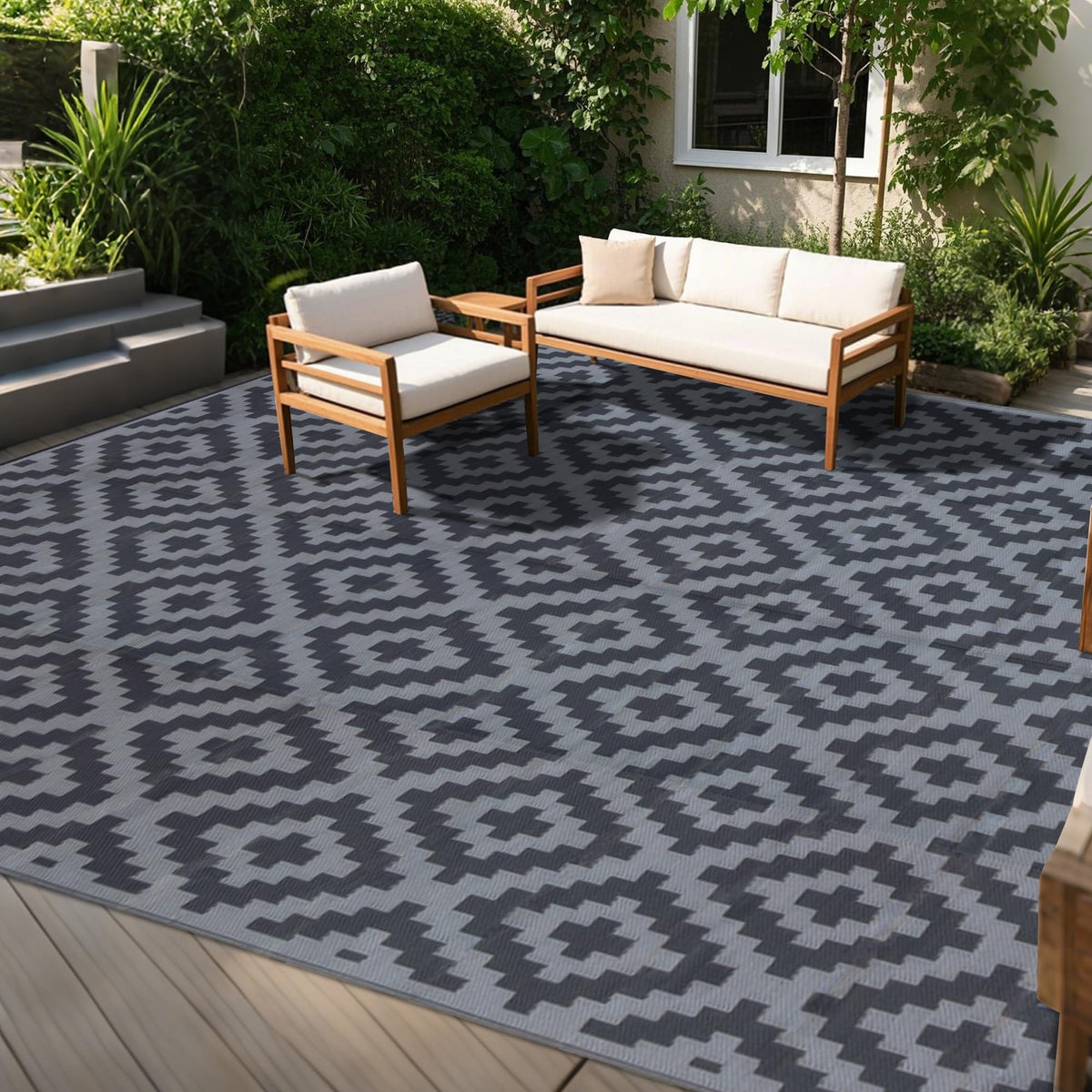 SAND MINE Waterproof Outdoor Rug 5x8 ft, Plastic Reversible Rug, Modern Area Rug, Large Floor Mat for Outdoors, RV, Patio, Backyard, Deck, Picnic, Beach, Camping, Black & Beige