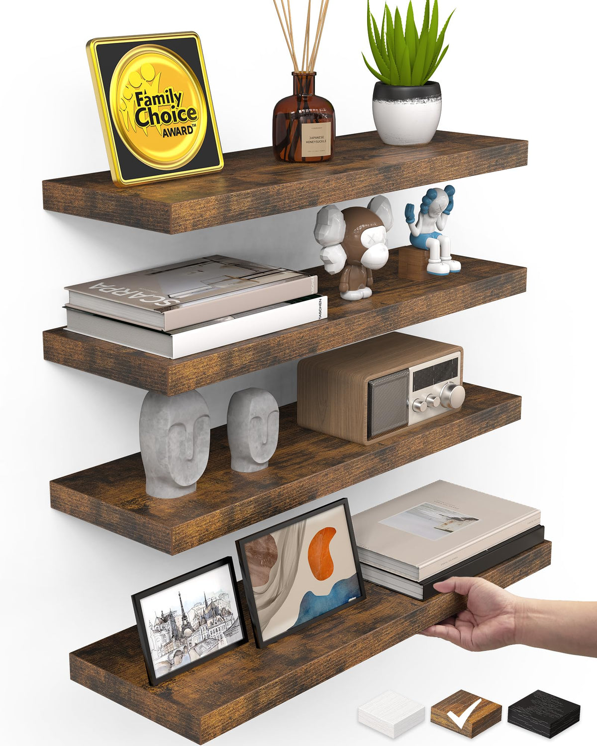 BAYKA Rustic Brown Floating Shelves 22.5in, Set of 2, Wall Mount Wood Shelf