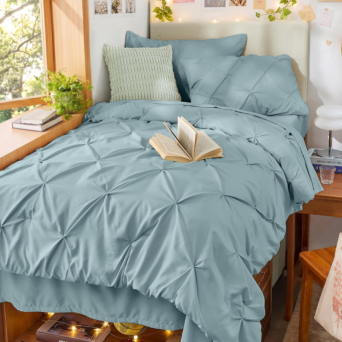 Sasttie Queen Comforter Set, 7-Piece Bed in a Bag, Pintuck Bedding Sets for All Season, Includes Comforter, Flat Sheet, Fitted Sheet, Pillowcases and Pillowshams, Beige