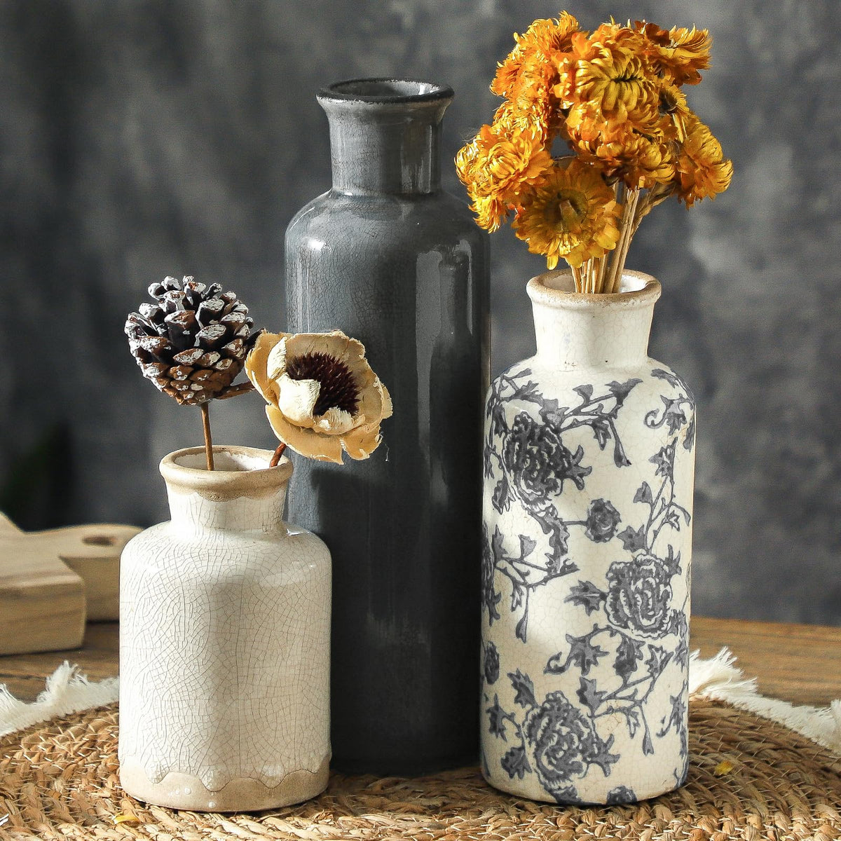 Ceramic Vase Set of 3, Neutral Flower Vases Home Decor, Pottery Rustic Farmhouse Decorative Vases Modern Decor for Table Mantel Entryway Bookshelf Living Room Kitchen Bedroom - Brown