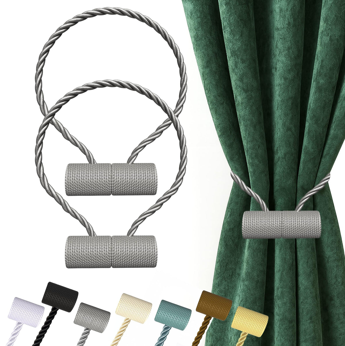 Hion Magnetic Curtain Tiebacks Black 2pcs, Curtain Holdbacks Hooks Holders