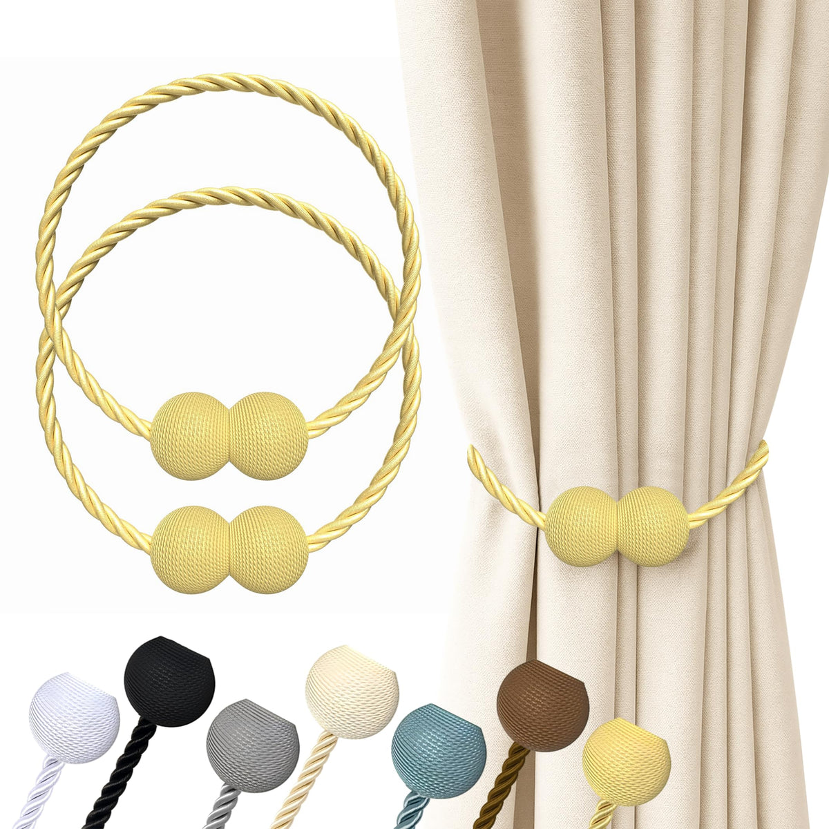 Hion Magnetic Curtain Tiebacks Black 2pcs, Curtain Holdbacks Hooks Holders
