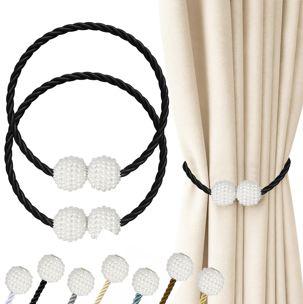 Hion Magnetic Curtain Tiebacks Black 2pcs, Curtain Holdbacks Hooks Holders