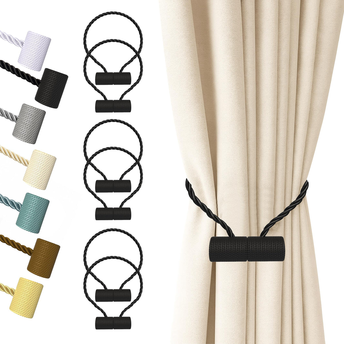 Hion Magnetic Curtain Tiebacks Black 2pcs, Curtain Holdbacks Hooks Holders