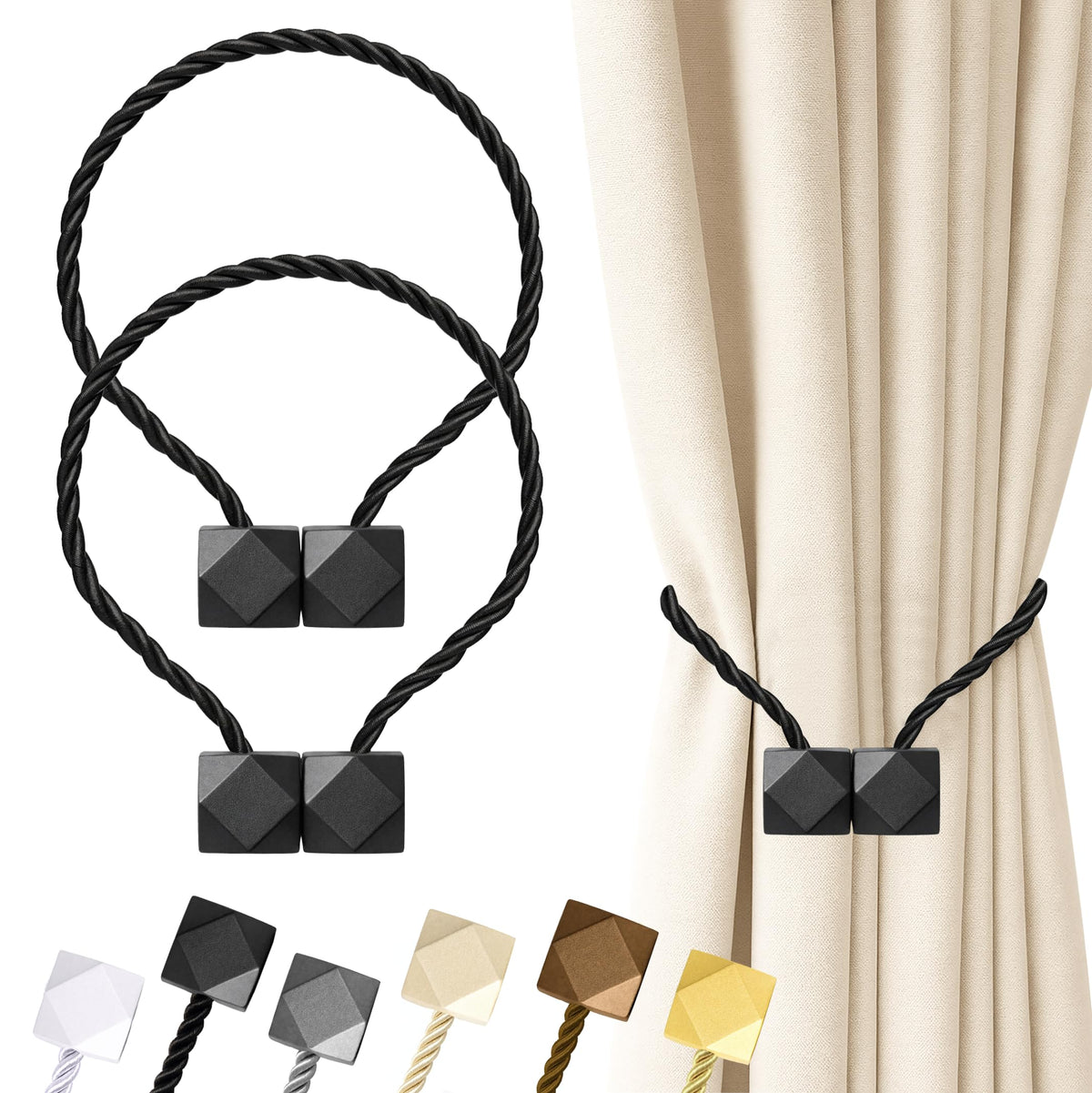 Hion Magnetic Curtain Tiebacks Black 2pcs, Curtain Holdbacks Hooks Holders
