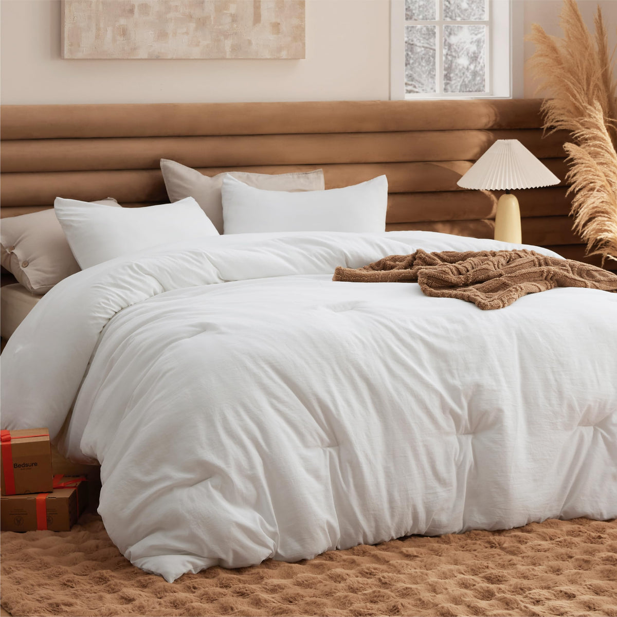 Bedsure Queen Comforter Set Prewashed Soft Bedding Set 3Pcs Beige 90"x90"