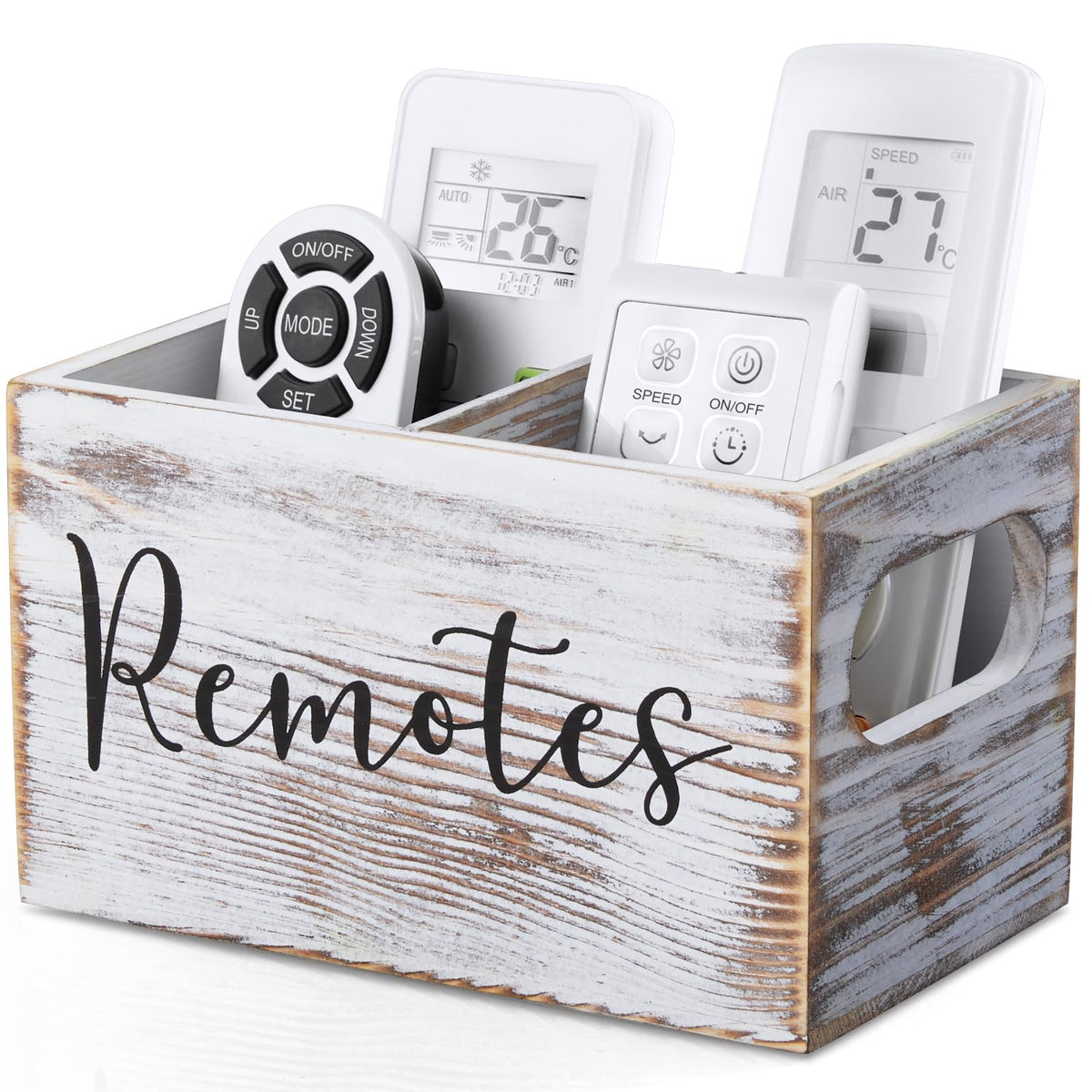 DRASTAR Remote Control Holder, Wood TV Remote Holder, Remote Storage Caddy, Remote Control Organizer (White, 2 Slots)