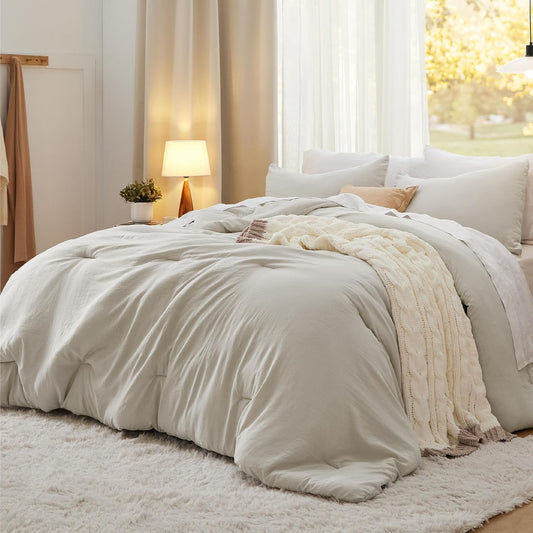 Bedsure Queen Comforter Set Prewashed Soft Bedding Set 3Pcs Beige 90"x90"