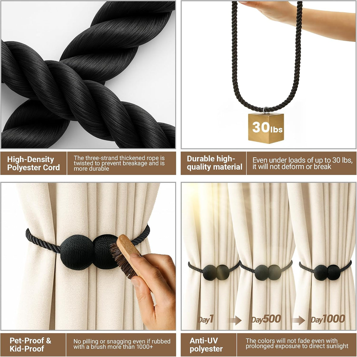 Hion Magnetic Curtain Tiebacks Black 2pcs, Curtain Holdbacks Hooks Holders