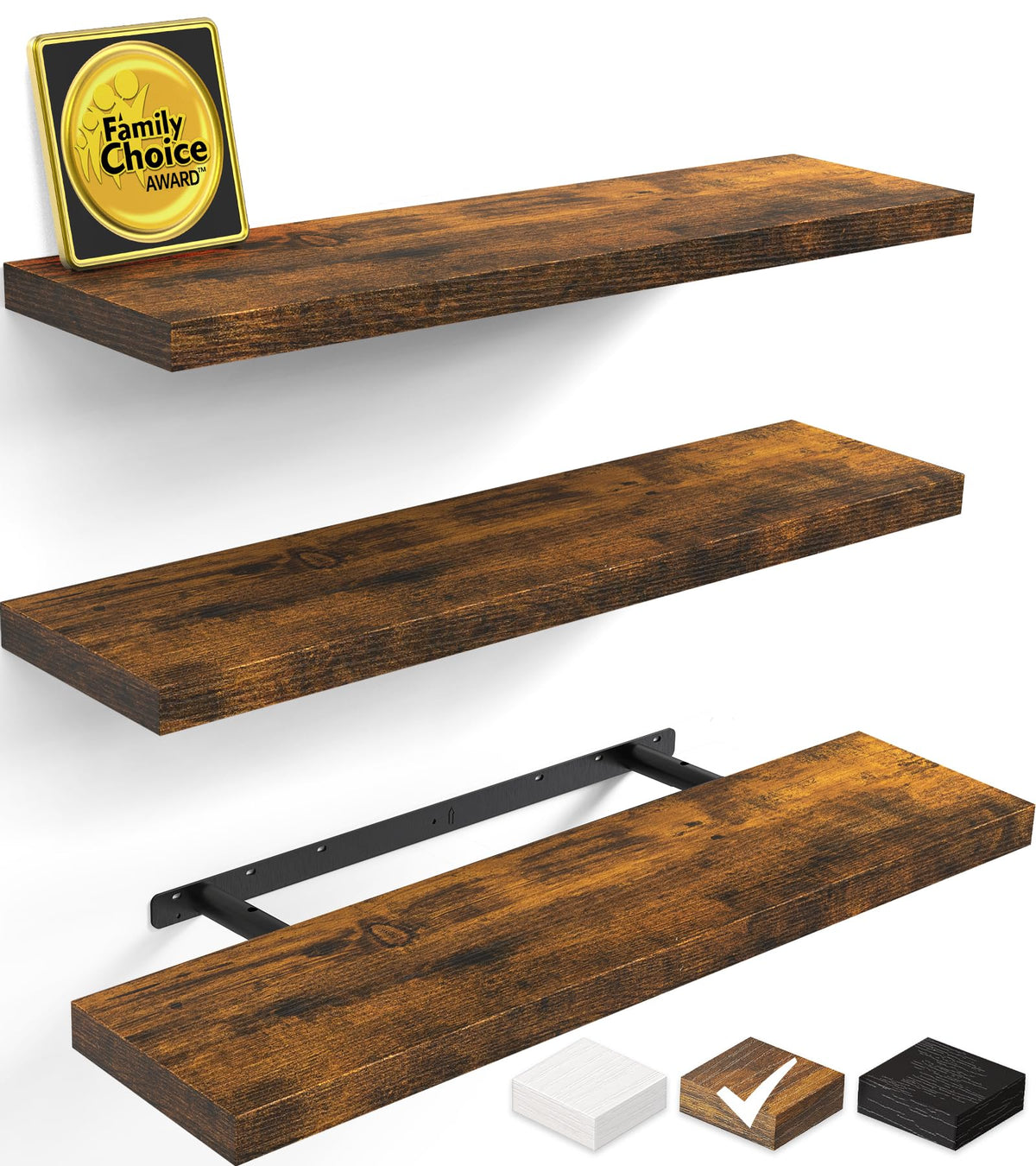 BAYKA Rustic Brown Floating Shelves 22.5in, Set of 2, Wall Mount Wood Shelf