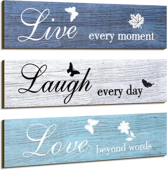 3 Pcs Wood Wall Signs Set Live Love Family Wall Decor, Blue, Classic