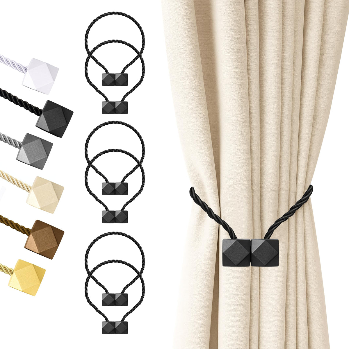 Hion Magnetic Curtain Tiebacks Black 2pcs, Curtain Holdbacks Hooks Holders