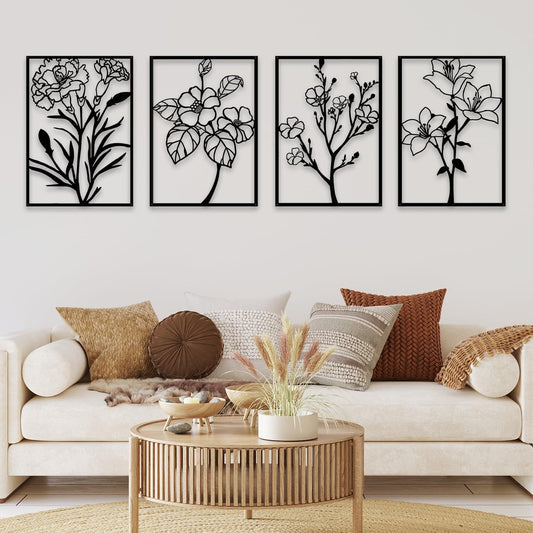 Metal Flower Wall Decor Art Living Room, Black Floral Wall Art Home Decor