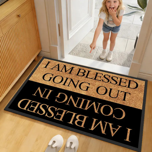 Door mat with blessing letter pattern, indoor entryway floor mat, minimalist style, creative room decor small rug, suitable for living rooms, bedrooms, dorm entry mats—good luck area rug