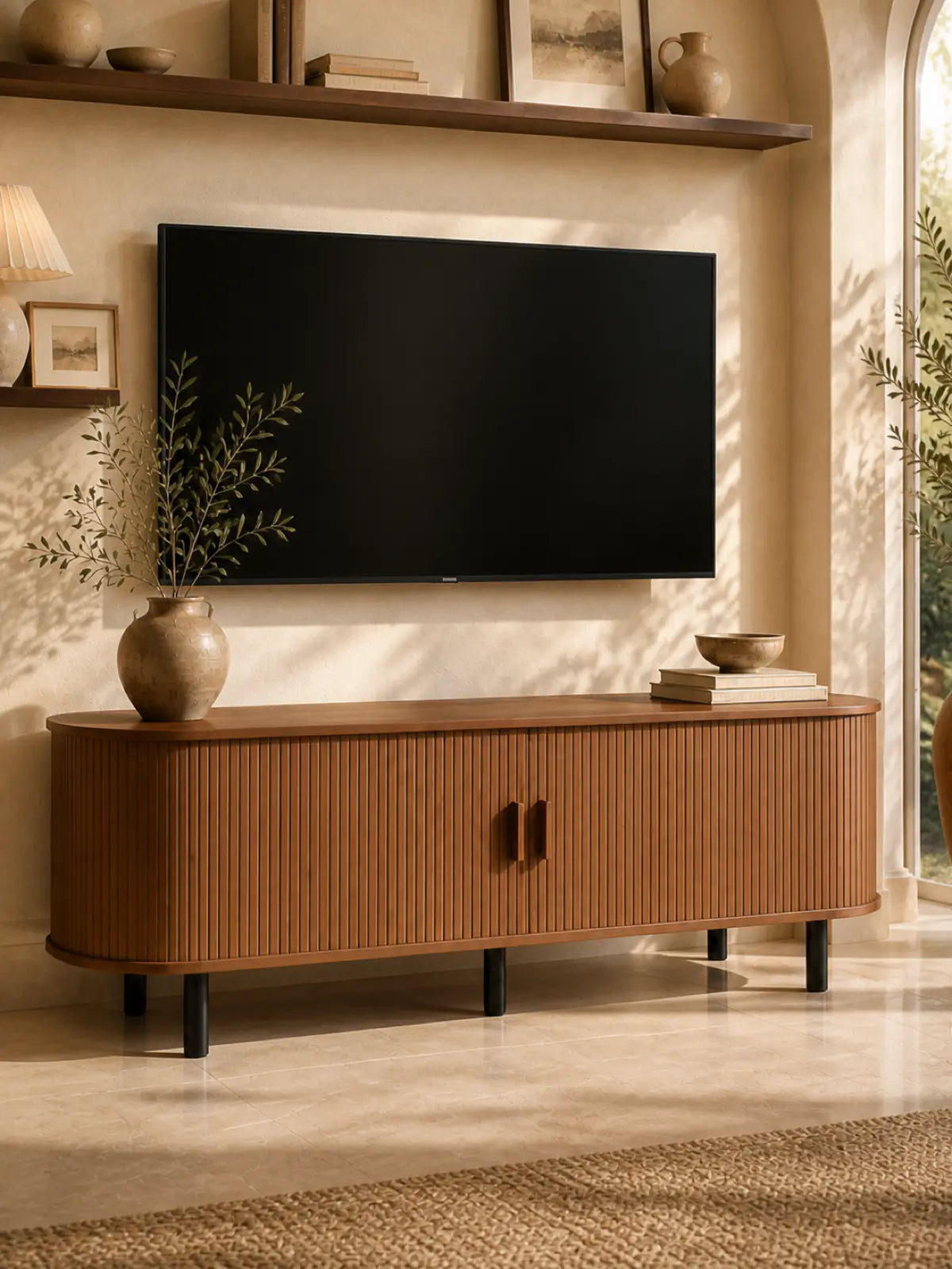 【Sliding Doors Design】ONBRILL 55"/63"/71"/86" Gorgeous Fluted TV Stand for TVs up to 60/70 Inch, Modern Entertainment Center with Power Outlet & Adjustable Shelves Storage for Living Room, Media Console,Bedroom Furniture,Christmas Gift【BackToSchool】