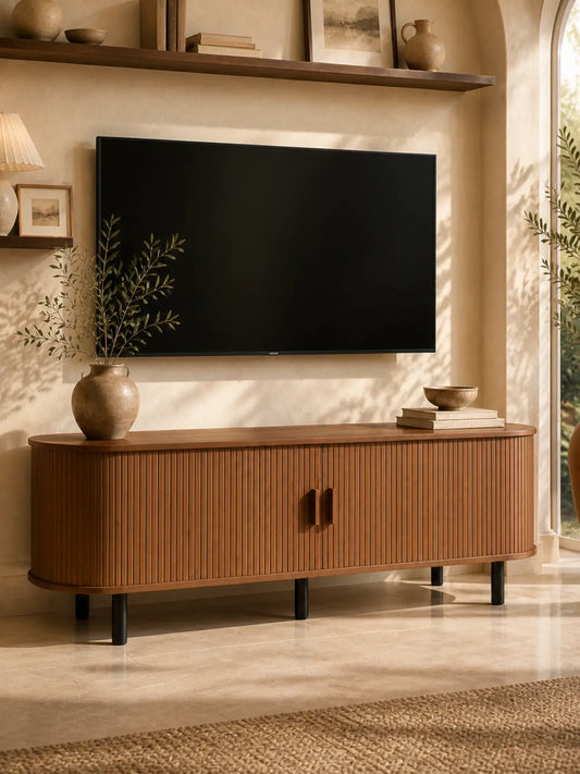 【Sliding Doors Design】ONBRILL 55"/63"/71"/86" Gorgeous Fluted TV Stand for TVs up to 60/70 Inch, Modern Entertainment Center with Power Outlet & Adjustable Shelves Storage for Living Room, Media Console,Bedroom Furniture,Christmas Gift【BackToSchool】
