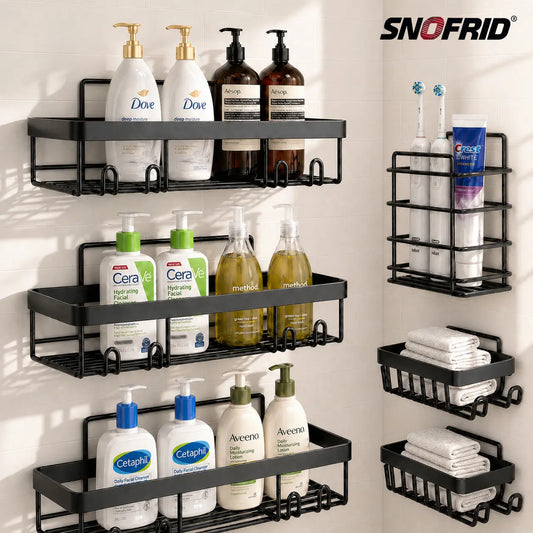 【DealsForYouDays】Snofrid 6-Pack Stainless Steel Bathroom Organizer, Advanced Rustproof Waterproof No-Drilling Adhesive Wall-Mounted Racks with Soap Holder & Toothbrush Holder, Durable Modern Large-Capacity Storage Shelves