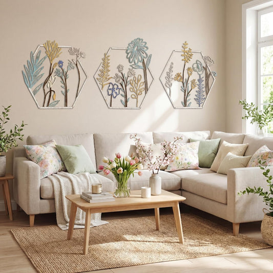 Peryiter 3Pcs Metal Flower Wall Decor Minimalist Floral Hanging, Beige Gold