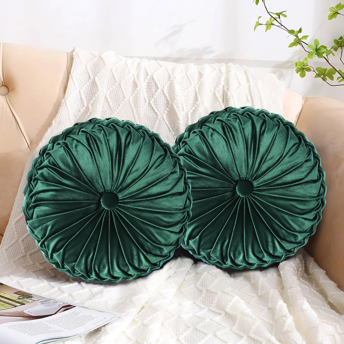 HIG Set of 2 Olive Velvet Decorative Round Pleated Throw Pillows